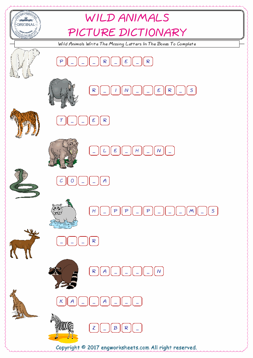  Type in the blank and learn the missing letters in the Wild Animals words given for kids English worksheet. 